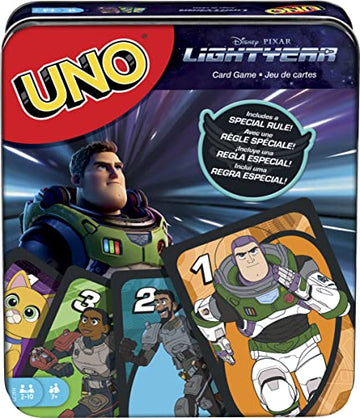 Mattel Games UNO Disney and Pixar Lightyear Card Game in Collectible Storage Tin, Movie-Themed Deck for Kids, Adults, Families & Parties, 2 to 10