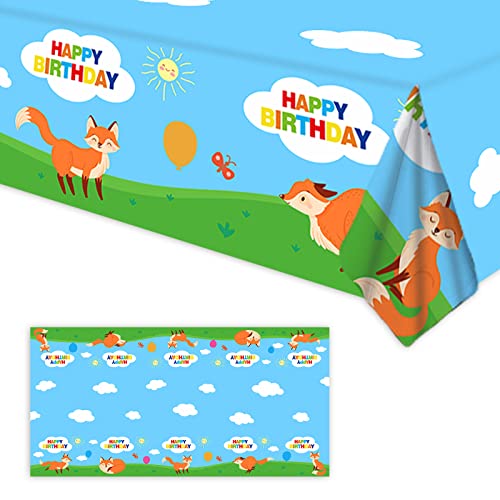GZBJMYGS Fox Happy Birthday Tablecloth Fox Animal Party Plastic Supplies Animal Theme Baby Shower Boys Girls Blue Birthday Party Supplies Party Picnic