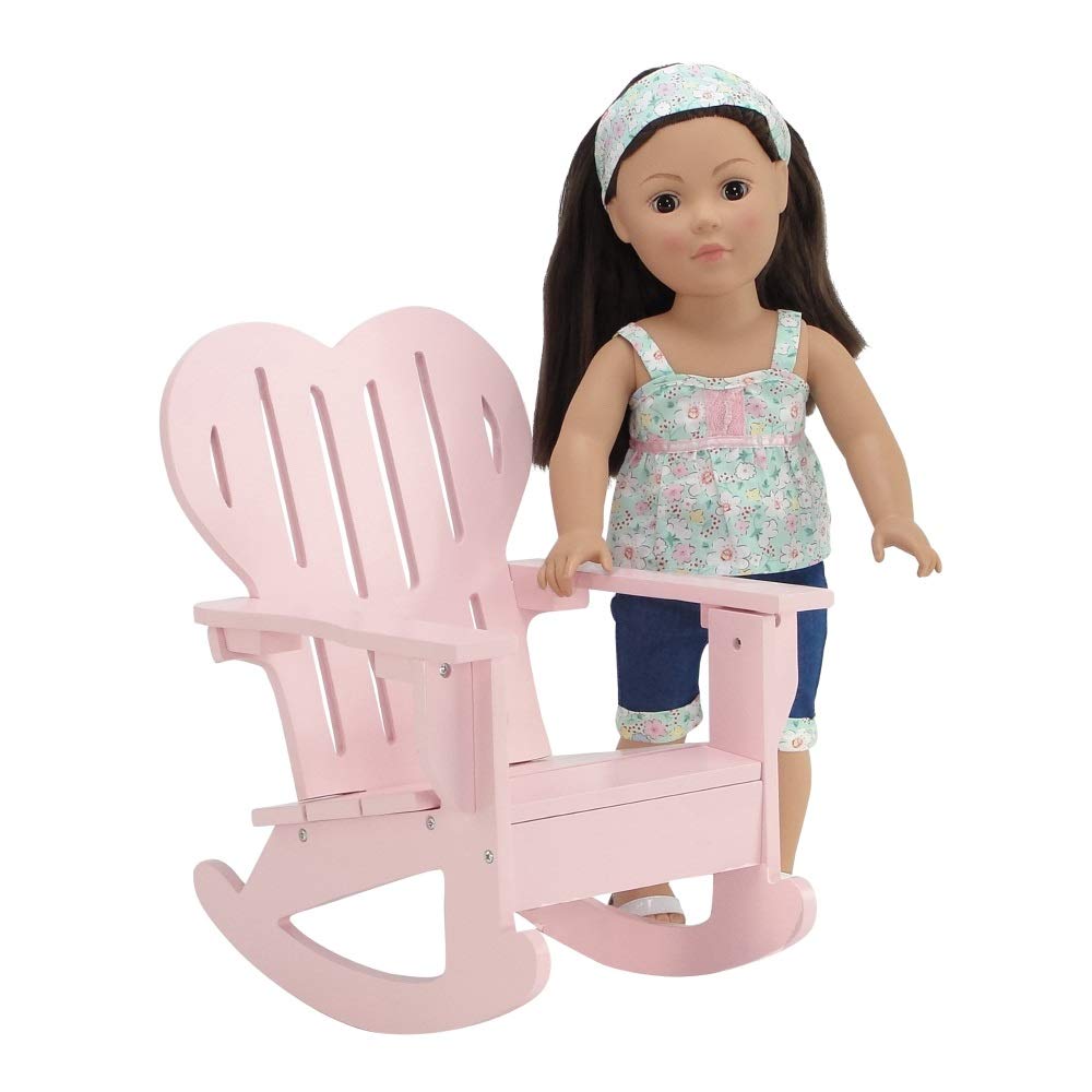 Emily Rose 18" Doll Adirondack Rocking Chair - Pink Wooden Heart-Back Design Furniture with Smooth Rocking Motion - USA Brand - Compatible