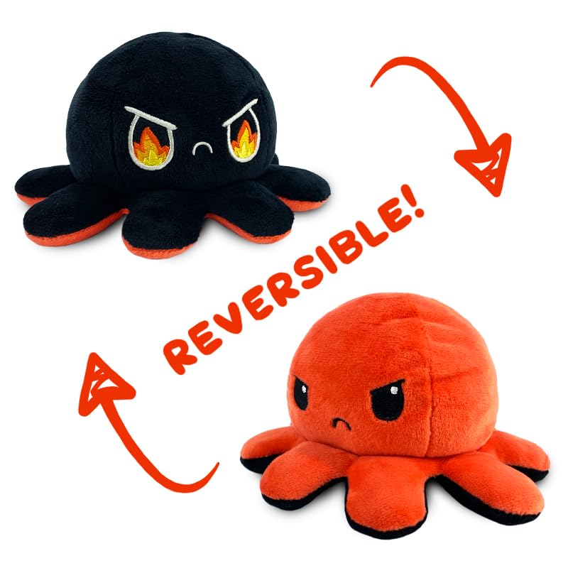 TeeTurtle Reversible Octopus Plushie - 4-Inch Angry Red + Rage Black Two-Sided Flip Plush Toy with Embroidered Details - Cute Mini Collectible Plush