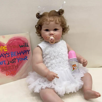 24 Inches 60CM Real Baby Size Reborn Baby Doll Rooted Brown Curly Hair Soft Cloth Body Lifelike Newborn Toddler Girl Dolls Anatomically Correct with