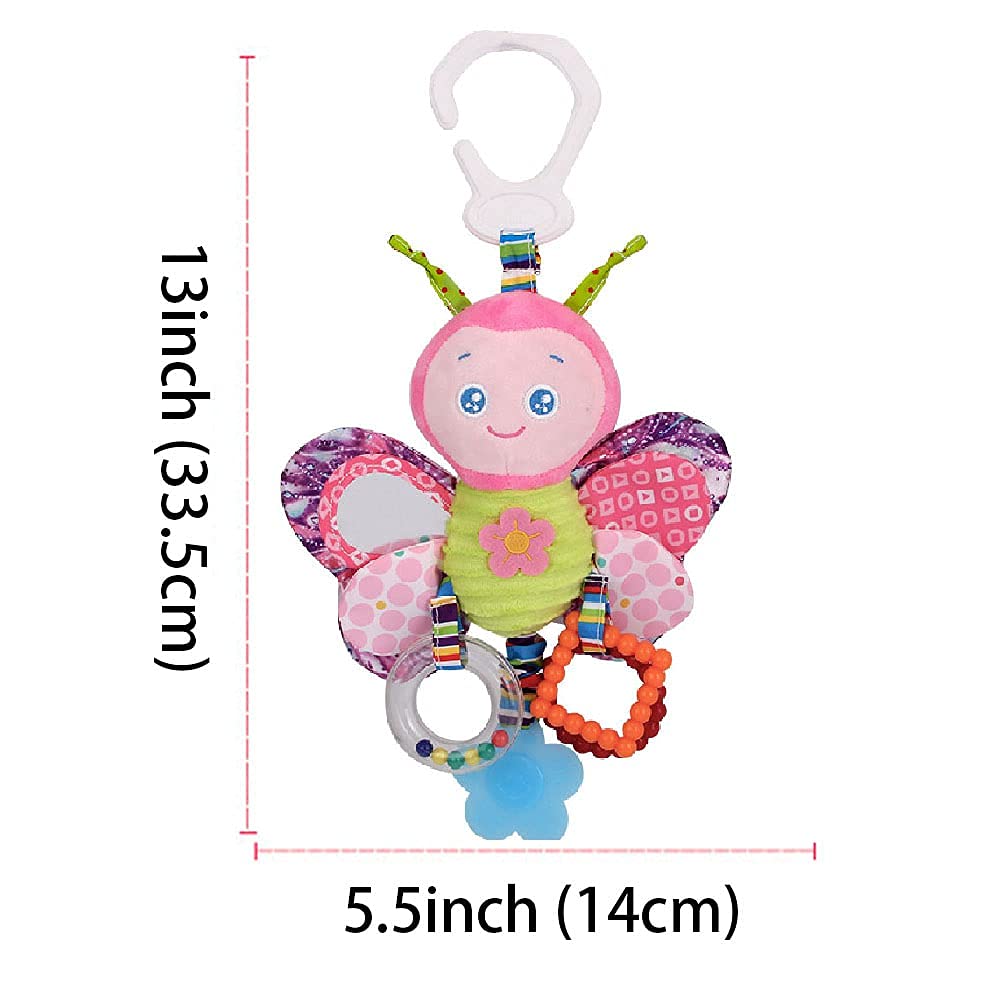 D-KINGCHY Baby Car Seat Stroller Plush Hanging Rattle Toys Newborn Crib Bed Around Toy with Teether Rattle Sound for 0-3 Years Old (Butterfly)
