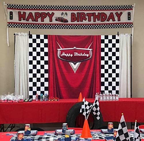7x5ft Car Black White Grid Red Birthday Themed Backdrops Racing Flag Red Photo Backgrounds for Photography Happy Birthday Party Banner Photo Booth