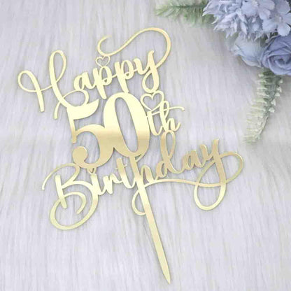 Ruscalin Happy 50th Birthday Cake Topper?Mirrored Gold Acrylic Birthday Topper for Cheers to 50 Years Birthday/Anniversary Party Decoration Ideas