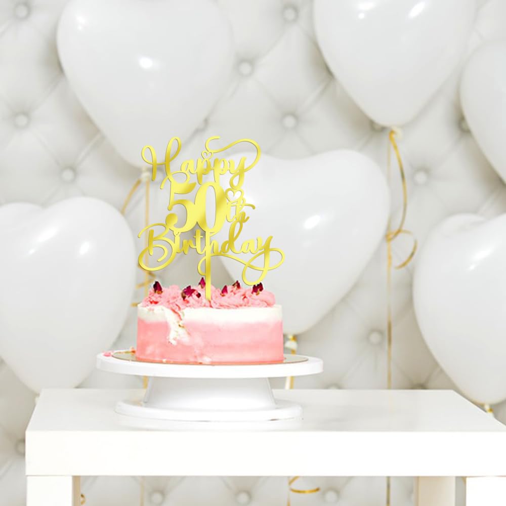 Ruscalin Happy 50th Birthday Cake Topper?Mirrored Gold Acrylic Birthday Topper for Cheers to 50 Years Birthday/Anniversary Party Decoration Ideas