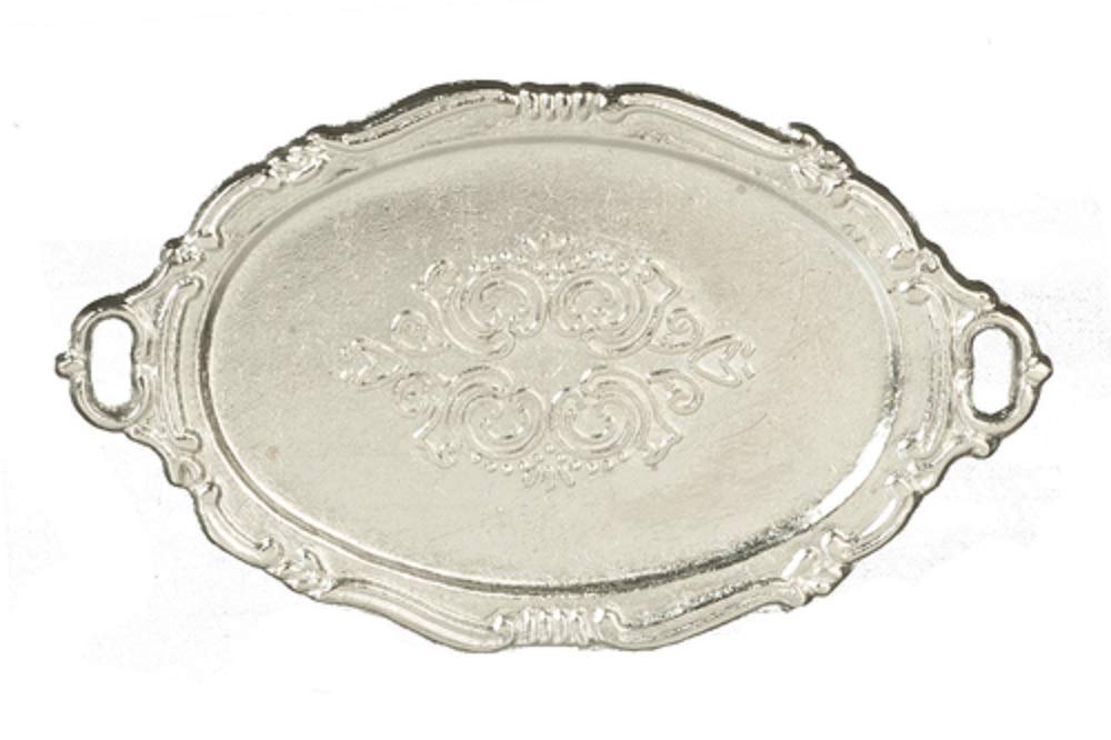 Town Square Miniatures Dollhouse Oval Silver Serving Tea Tray Miniature Dining Room Accessory