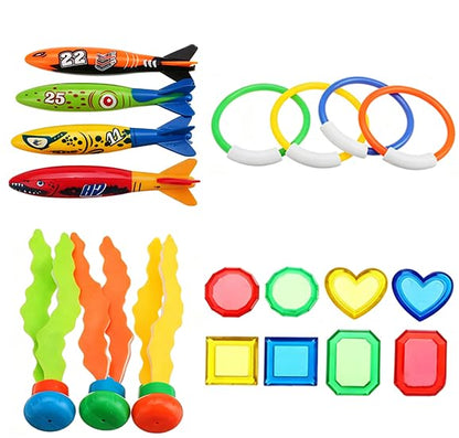 Eeonirin 19 PCS Swimming Pool Diving Party Set, Including 4 Rings + 4 Torpedoes + 8 Gemstones + 3 Seaweeds. Suitable for Swimming Pool Family Party
