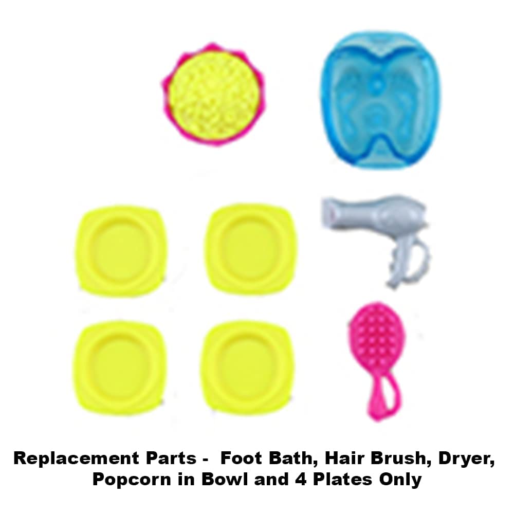 Mattel Replacement Barbie Size Foot Bath, Hair Brush and Dryer, Popcorn in Bowl and 4 Plates for Barbie Malibu Dollhouse Playset - FXG57, Yellow,
