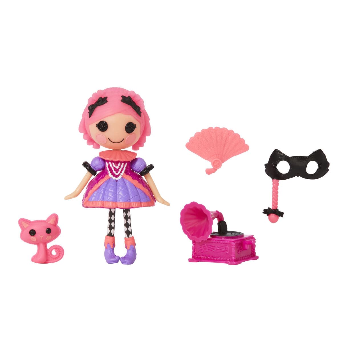 Mini Lalaloopsy Doll - Confetti Carnivale with Mini Pet Cat, 3" Masquerade Ball Party Theme Doll with Pink Hair & Accessories in Reusable Package