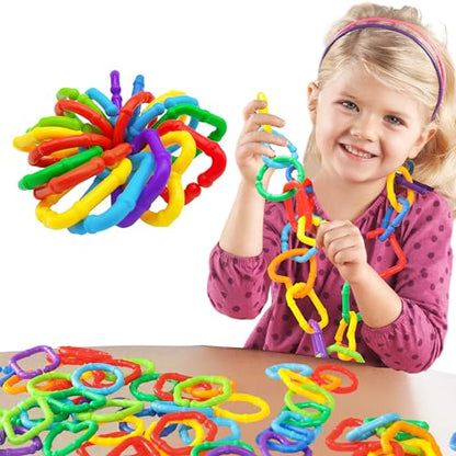 RAINBOW TOYFROG Baby Links Rings - 35 Geometric Linking Chains for Infants & Toddlers - Safe Teething and Sensory Development Toys - Car Seat