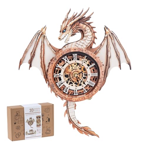 Rnfinewow 3D Puzzles for Adults, 3D Puzzle Dragon Clock Kit (with Pendulum), Wooden Puzzles for Adults Home Wall Decor Dragon Clock Christmas Day