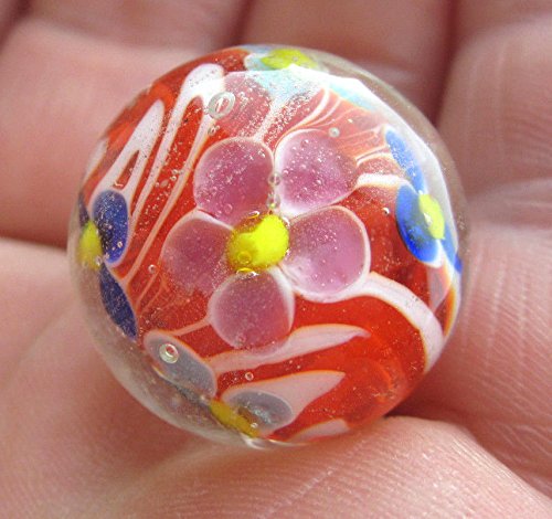 Big Game Toys~22mm (7/8") Dahlia Hand Made Art Glass Marble w/Stand Clear/Red/Blue/Pink Flower