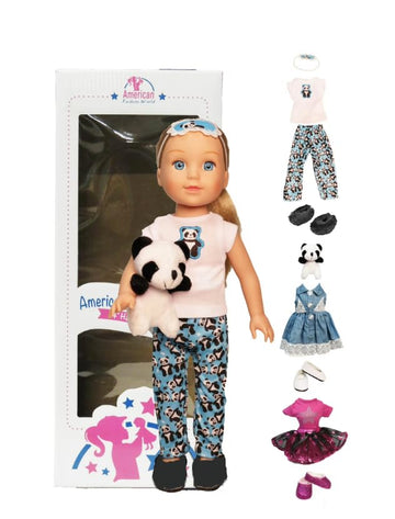 American Fashion World 14.5in Doll Sapphire Blonde Hair Blue Eyes Three Outfits and Box Included