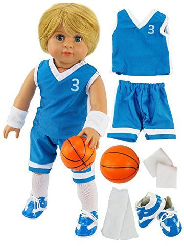 American Fashion World Boy’s Blue Basketball Uniform for 18-Inch Dolls | Accessories Included | Premium Quality & Trendy Design | Dolls Clothes |