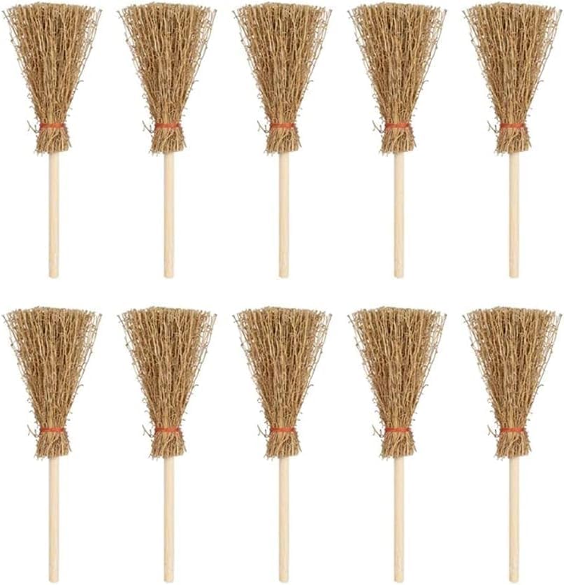 5Pcs Miniature Brooms with Straw Broomsticks - 1:12 Scale Dollhouse Accessories for Halloween Party Decor, Handmade Style Witch Broomstick Cosplay