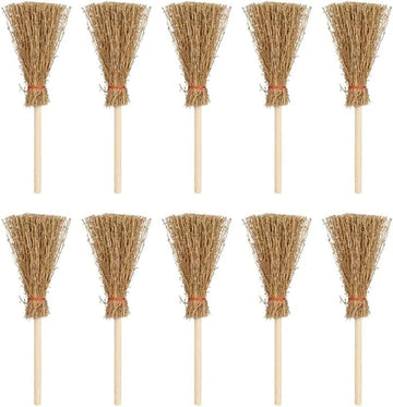 5Pcs Miniature Brooms with Straw Broomsticks - 1:12 Scale Dollhouse Accessories for Halloween Party Decor, Handmade Style Witch Broomstick Cosplay
