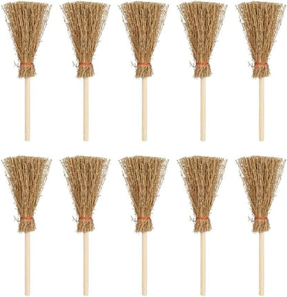 5Pcs Miniature Brooms with Straw Broomsticks - 1:12 Scale Dollhouse Accessories for Halloween Party Decor, Handmade Style Witch Broomstick Cosplay