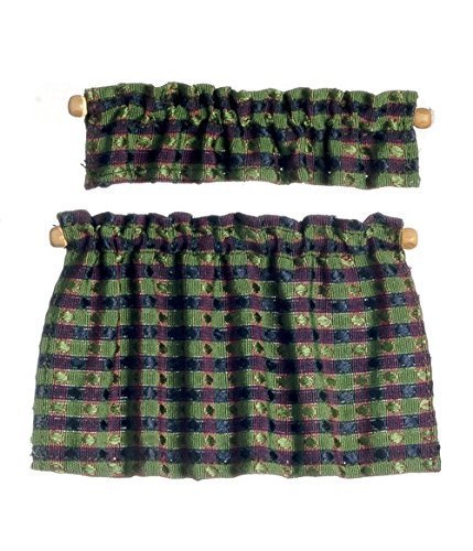 Melody Jane Dollhouse Green and Blue Cafe Curtains Miniature Window Accessory