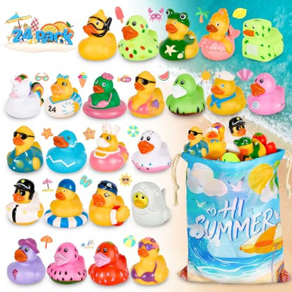 24Pack Summer Rubber Ducks with a Bag, Summer Duck for Jeeps, Assorted Beach Toys for Pool, Duckies Games, Party Favors, Birthday Gifts, Classroom