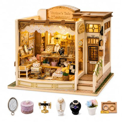 DIY Miniature House Kit, 428 PCS Jewelry Shop DIY Book Nook Kit with LED, 3D Wooden Puzzle Miniature Doll House Kit for Arts and Crafts Decor - Unique