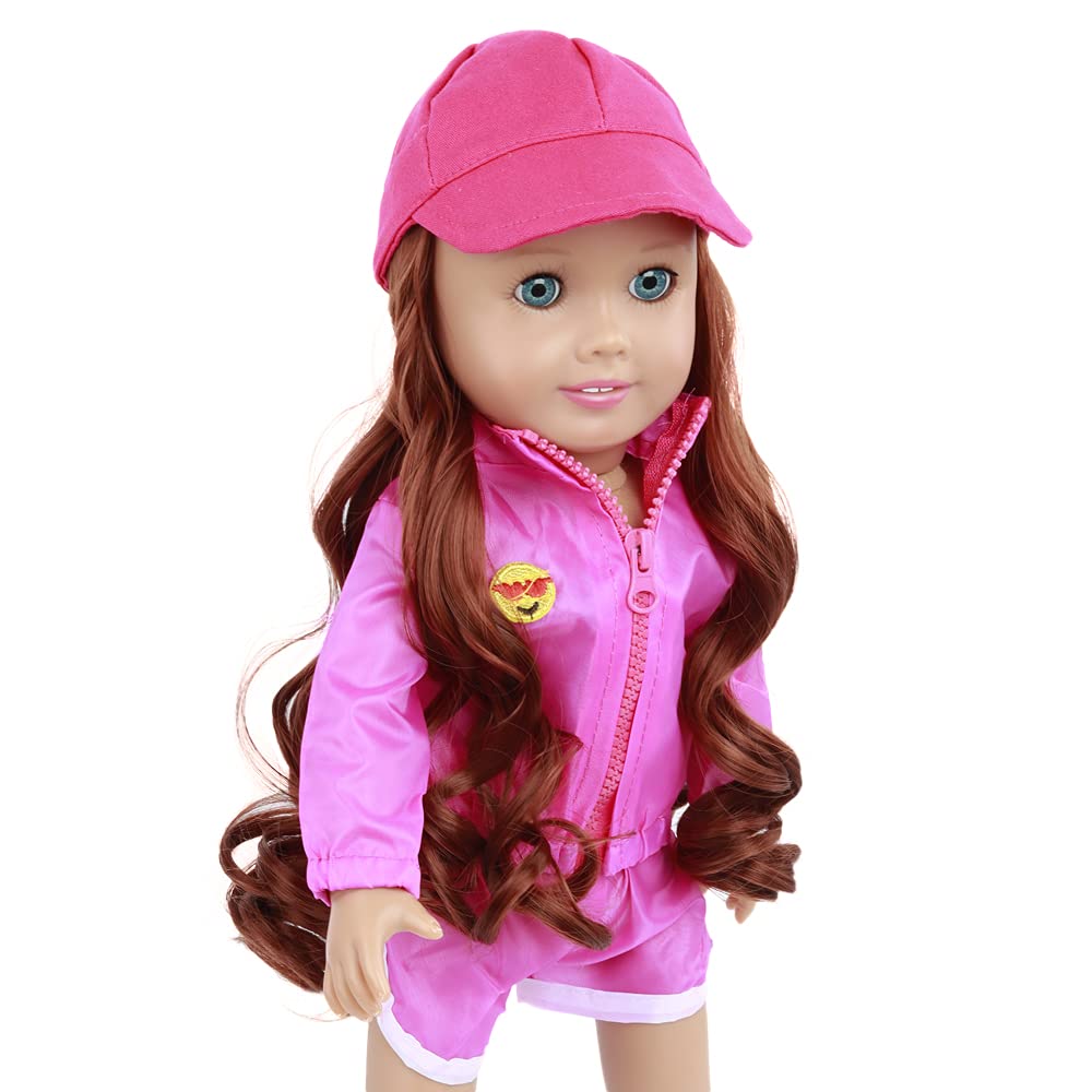 Wig Cap with Colorful Hats and Attached Hair - Fits 14-Inch and Up Dolls, Stylish Doll Accessory (Pink/Brunette)