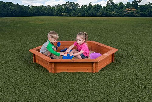 Hexagon Wooden Sandbox w Seat Boards | Eco-Friendly Cover & Ground Liner | 59" x 51" x 9" | 3/4" Cedar Boards | Easy DIY Assembly | Holds 300+ lbs