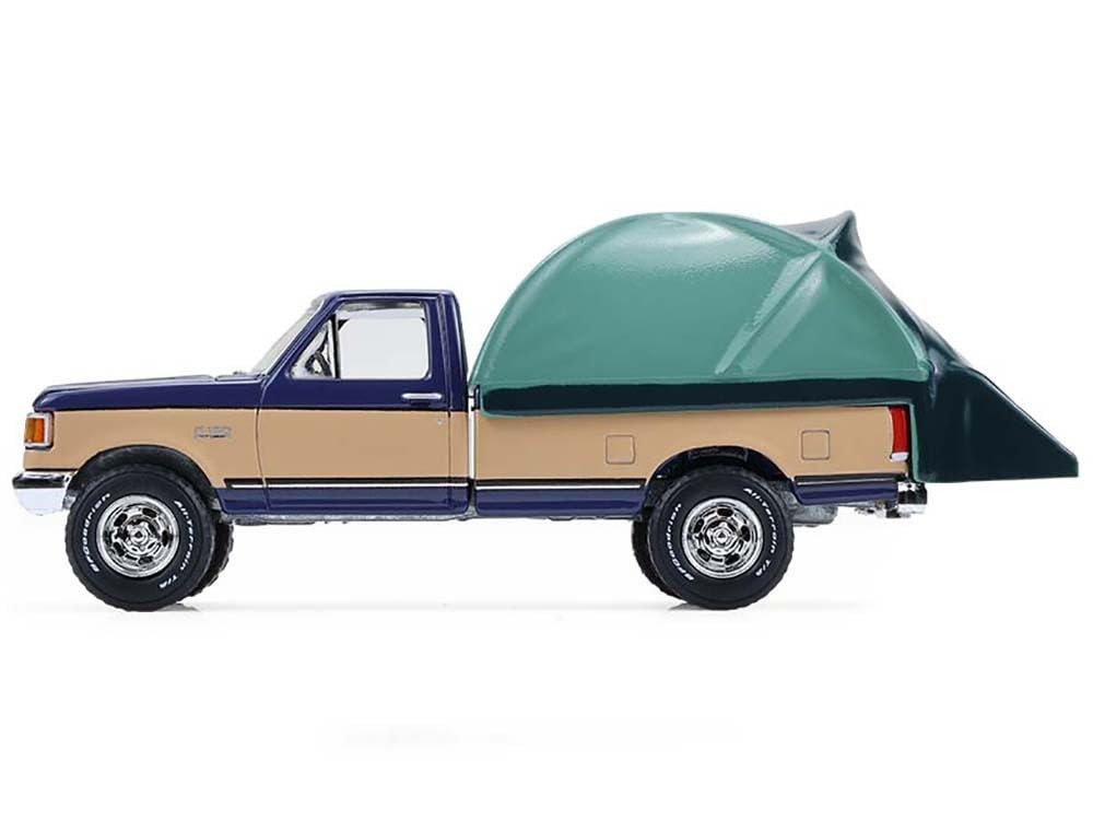 1987 F 150 XLT Lariat Pickup Truck Dark Blue and Tan with Modern Truck Bed Tent The Great Outdoors Series 4 1/64 Diecast Model Car by Greenlight