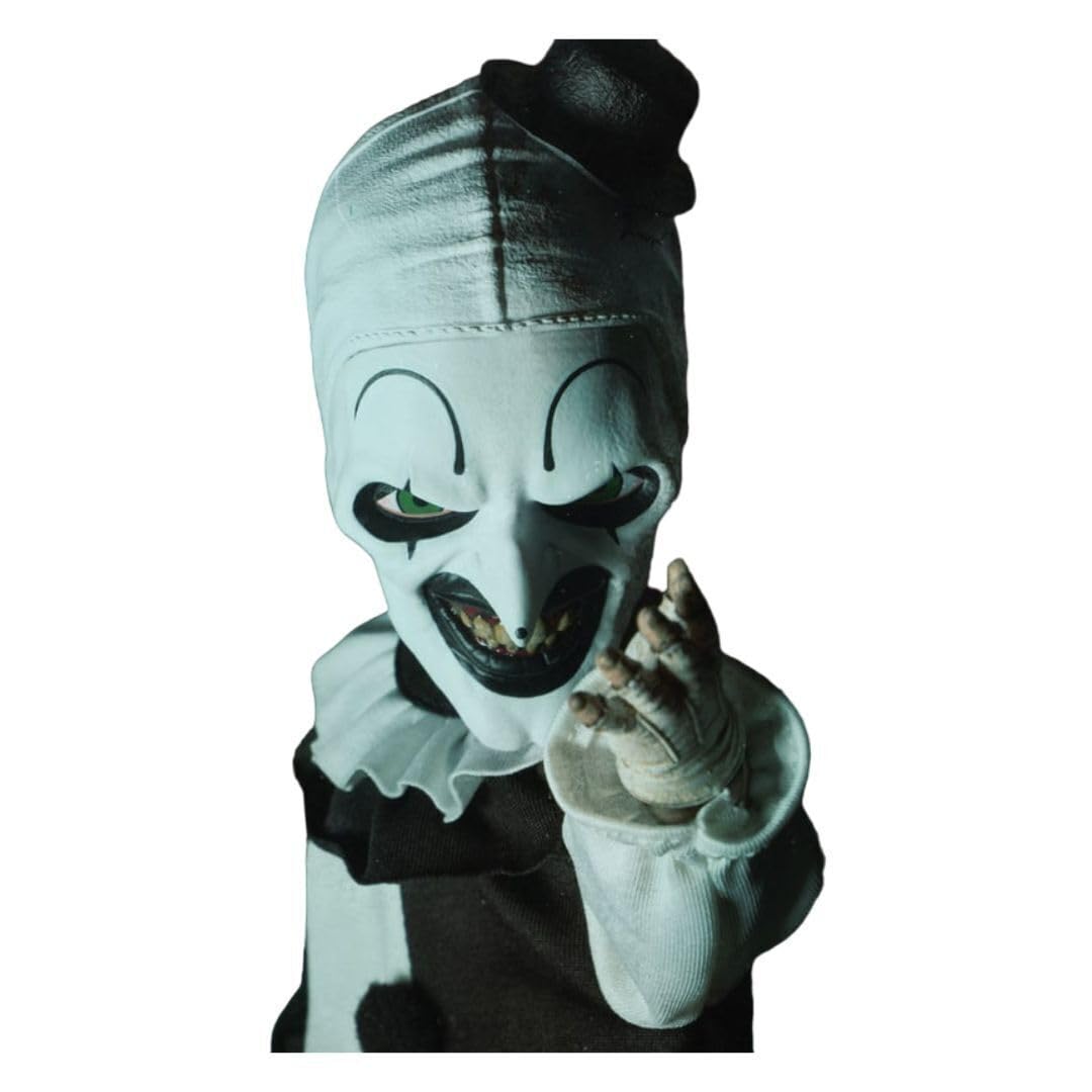 Mezco Terrifier - Living Dead Doll 10.5-Inch Art The Clown Doll with New Head Sculpt, Pom-Pom and Ruffle Detailing Black-and-White Costume, and