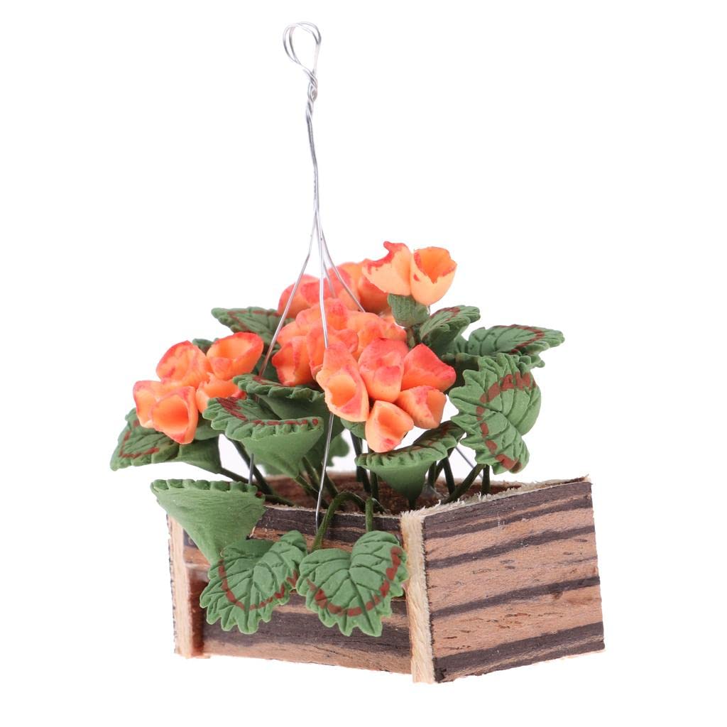 DYNWAVE 1:12 Scale Dollhouse Miniature Hanging Flower Basket, Clay and Wood Plant Decor for Fairy Garden and Room Box Scenes