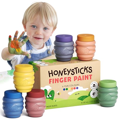 Honeysticks Non Toxic Finger Paint (6 Bright Colors), Washable from Skin, Safe Finger Painting for Toddlers, Kids Ages 1-3, 2-4, 3-5, Perfect First
