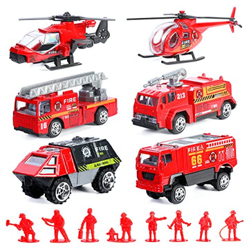 14 Pcs Fire Truck with Firefighter Toy Set, Mini Die-cast Fire Engine Car, Mini Rescue Emergency Vehicle Playset for Kid Boy Girl Birthday Christmas