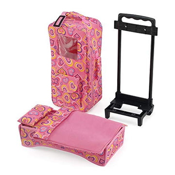 Emily Rose 14 Inch Doll Travel Carrier Backpack - Pink Hearts Design with Wheeled Trolley, Removable Bed & Bedding - Compatible with Wellie Wishers