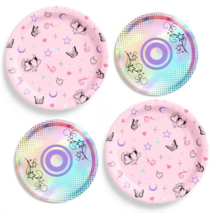 xo, Fetti Y2K Plate Set - 32 Paper Plates, 16 9" plates + 16 7" plates | Birthday Party, Retro CD 90s 2000s Theme, Butterfly, Iridescent Foil, Pink