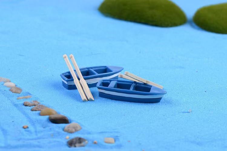 Haohaiblooms 2 Pieces Mini Blue Rowboat Figurines Set - Resin Canoe with Oars for Fairy Garden, DIY Dollhouse Decoration, Cake Toppers, Moss