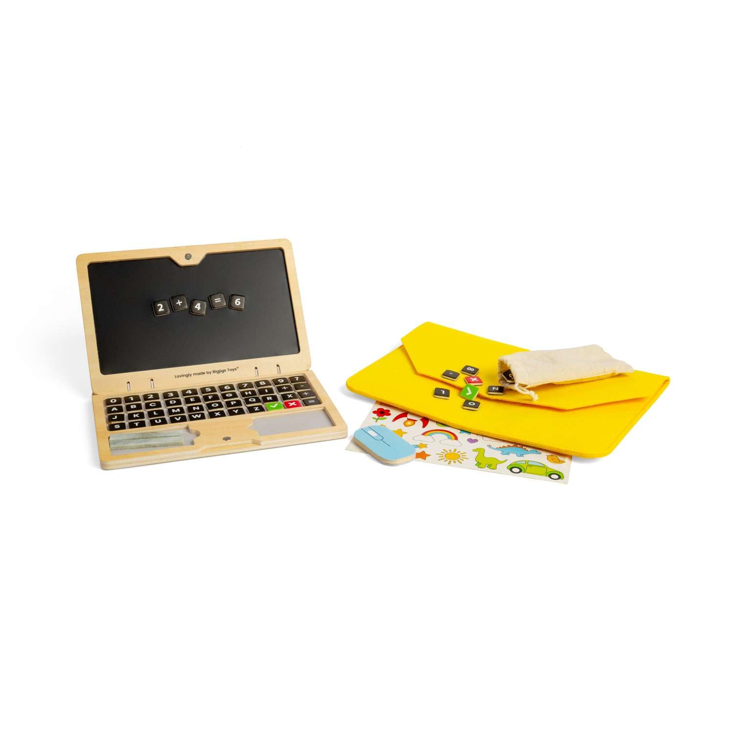 Bigjigs Toys Tech Set - 95 Pcs Wooden Laptop Toys with Chalkboard Screen, Fantasy Play Sets and Accessories for Toddlers and Kids, Kindergarten, Early