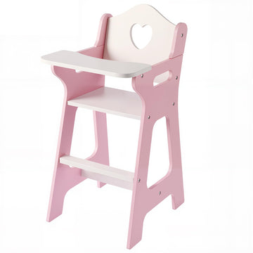 PHOKID Doll High Chair for Pretend Play - Wooden Doll Furniture with Safety Belt, Footrest & Flower Backrest, White/Pink,Fits Standard 18" Baby Dolls