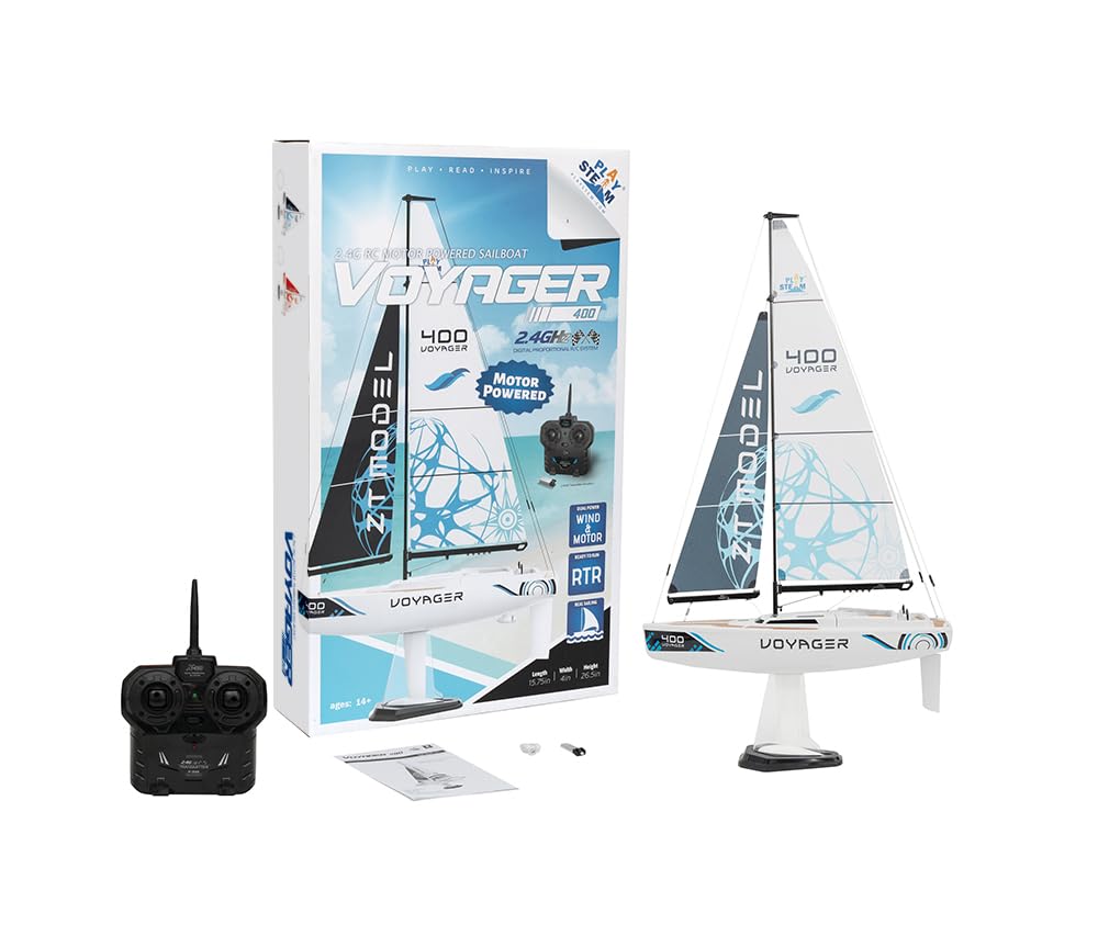 PLAYSTEAM Voyager 400 2.4GHz RC Motor Powered Sailboat in Blue - 26" Tall