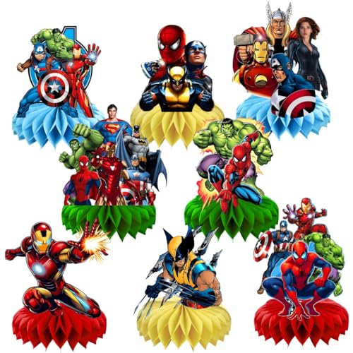 8Pcs Superhero Honeycomb Table Centerpiece, Superhero Birthday Party Supplies Table Decorations for Kids Party Decorations