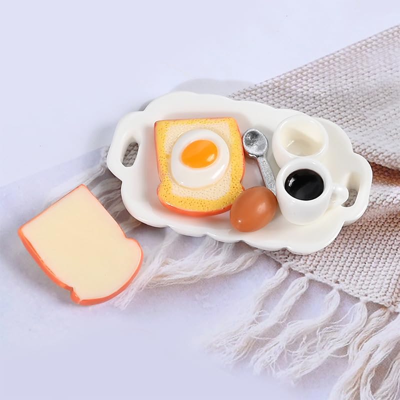 7 Pieces 1:12 Scale Miniature Breakfast Set - Dollhouse Kitchen Accessories, Includes Tray, Spoon, Cup, Coffee, Eggs, Bread, and Other Decorative