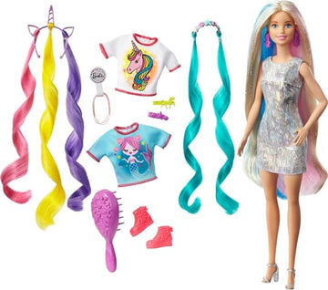 Barbie Fantasy Hair Doll, Blonde, with 2 Decorated Crowns, 2 Tops & Accessories for Mermaid and Unicorn Looks, Plus Hairstyling Pieces, for Kids 3 to