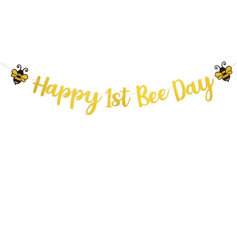 Happy 1st Bee Day Banner,Glitter Gold 1st Birthday Themed Party,One High Chair Sign Boy Girl First Birthday Party Decorations.