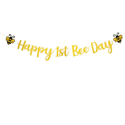 Happy 1st Bee Day Banner,Glitter Gold 1st Birthday Themed Party,One High Chair Sign Boy Girl First Birthday Party Decorations.