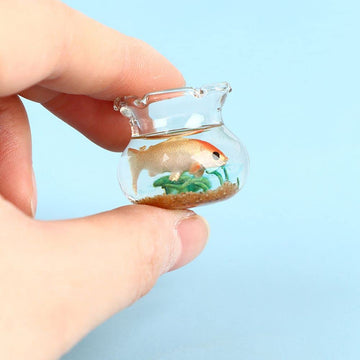 Mini Fish Tank Dollhoue Ornament, 1:12 Scale Miniature Fish Tank Scene Goldfish Bowl Model Dollhouse Accessories Garden Scene Decor(Round)