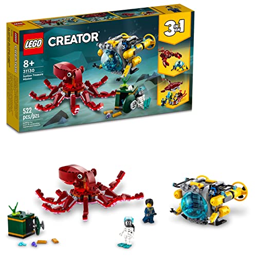 LEGO Creator 3 in 1 Sunken Treasure Mission Submarine Toy, Underwater Creatures Transform from Octopus tp Lobster to Manta Ray, Fun Sea Animal