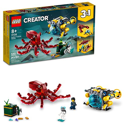 LEGO Creator 3 in 1 Sunken Treasure Mission Submarine Toy, Underwater Creatures Transform from Octopus tp Lobster to Manta Ray, Fun Sea Animal
