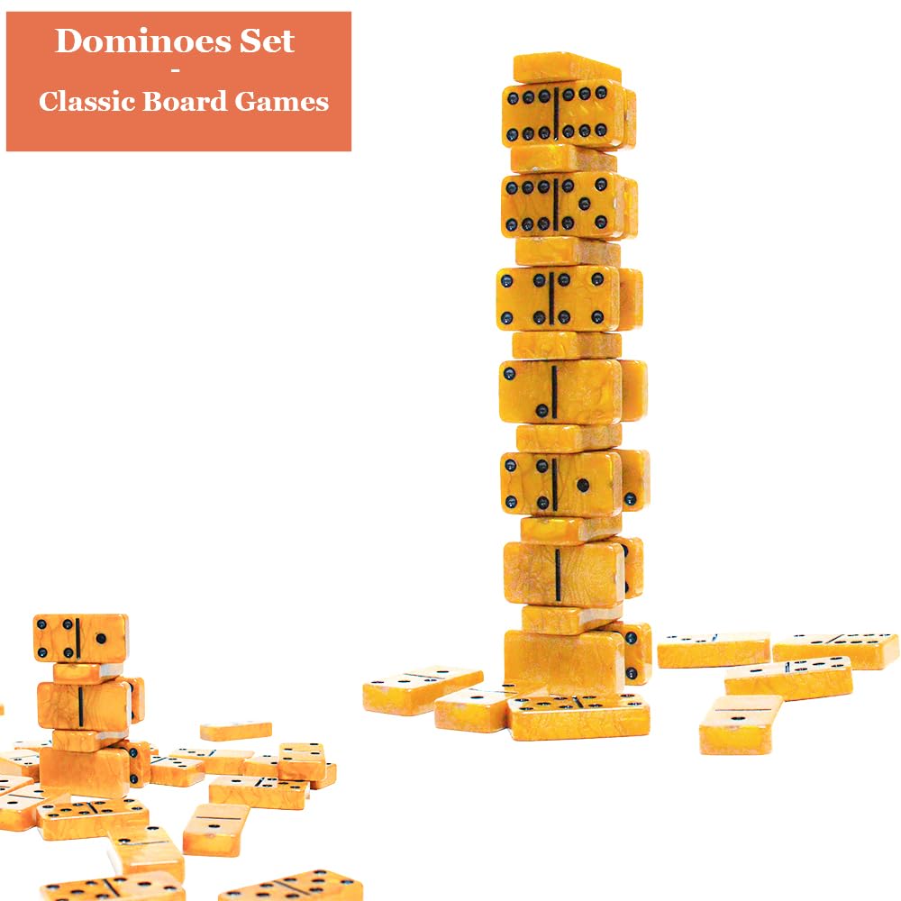 Vovotuzzi Dominos Set for Adults, Thick Domino, Double 6 Dominoes Set for Adults and Kids, 28 Marbleized Gold Tiles in Brown Leather Case, Travel