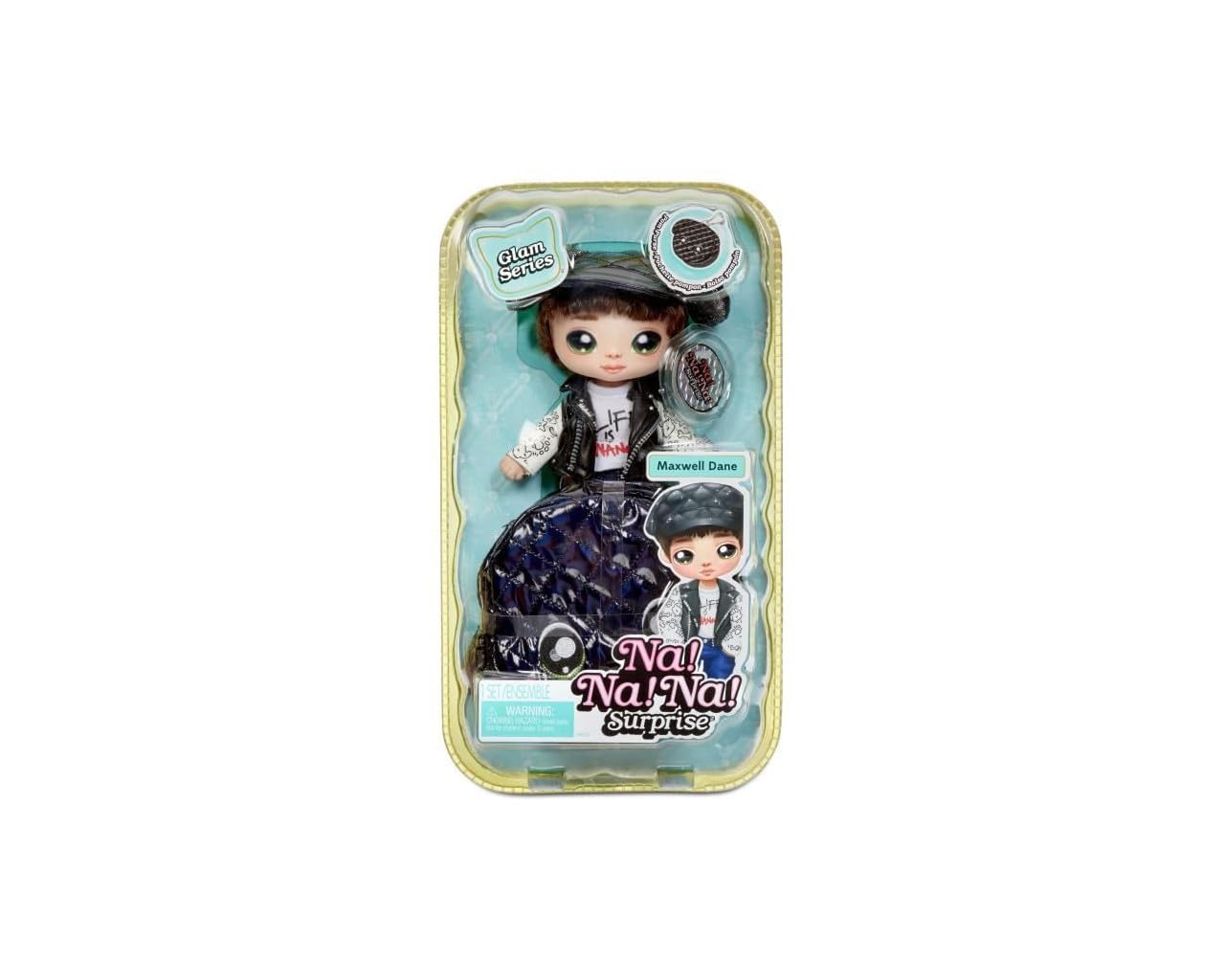 Na Na Na Surprise Glam Series Maxwell Dane Fashion Doll and Metallic Puppy Purse, Brunette Hair, Cute Dog Ear Hat Outfit & Accessories, 2-in-1 Gift