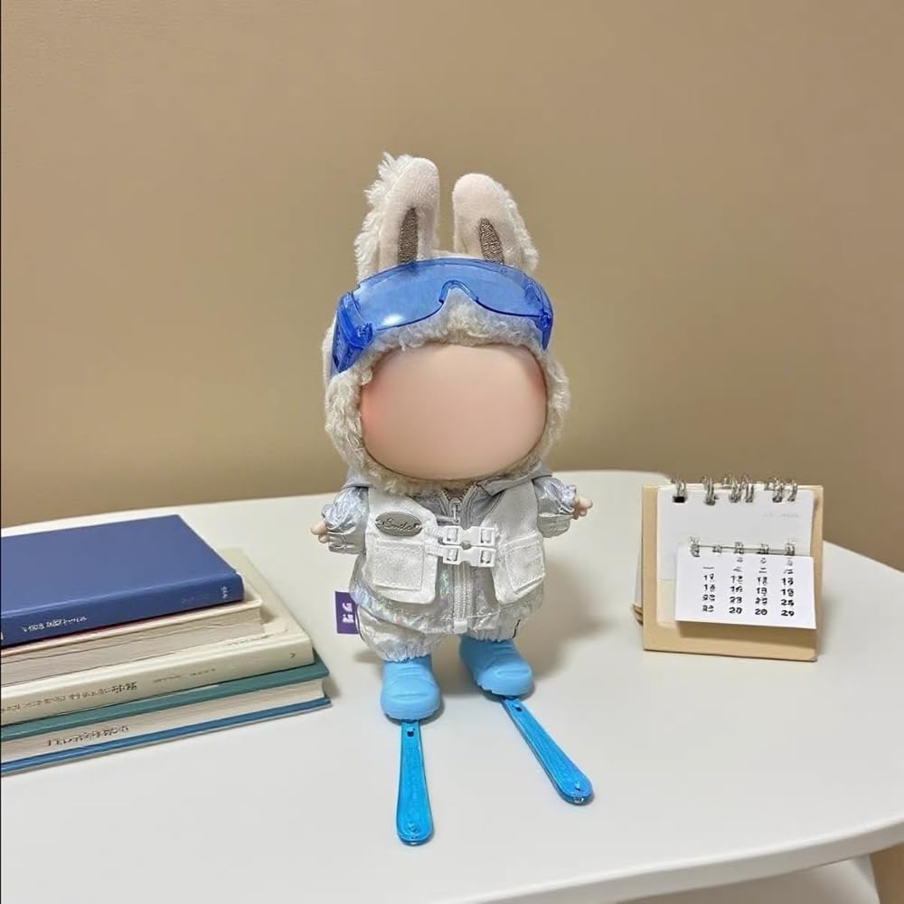 Clothes for Labubu Winter 4-Piece Ski Set - Ski Goggles,Jacket & Snow Pants and Twin Skis,Perfect for 17cm Dolls(No Doll) (Blue)
