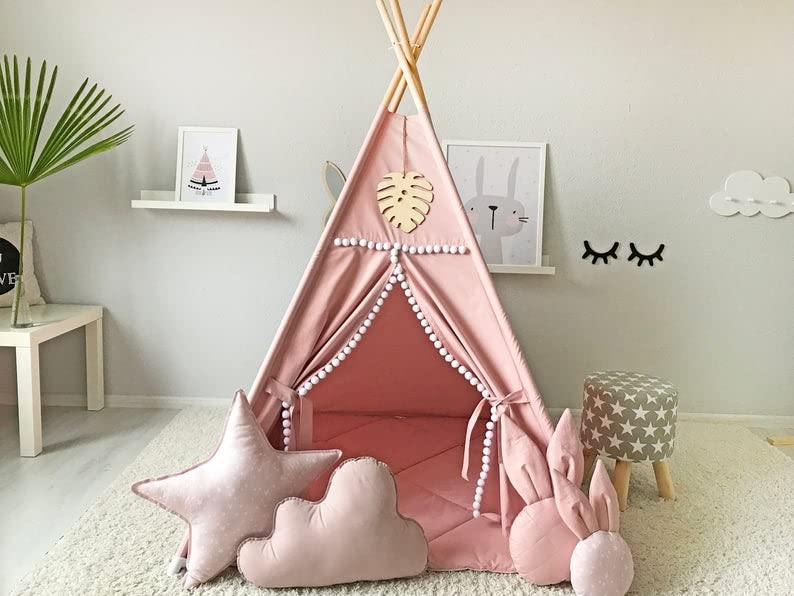 RONGFA Kids Teepee Tent with White Pom Pom - Indoor Play Teepee for Children Boys Portable Play House (Pink)