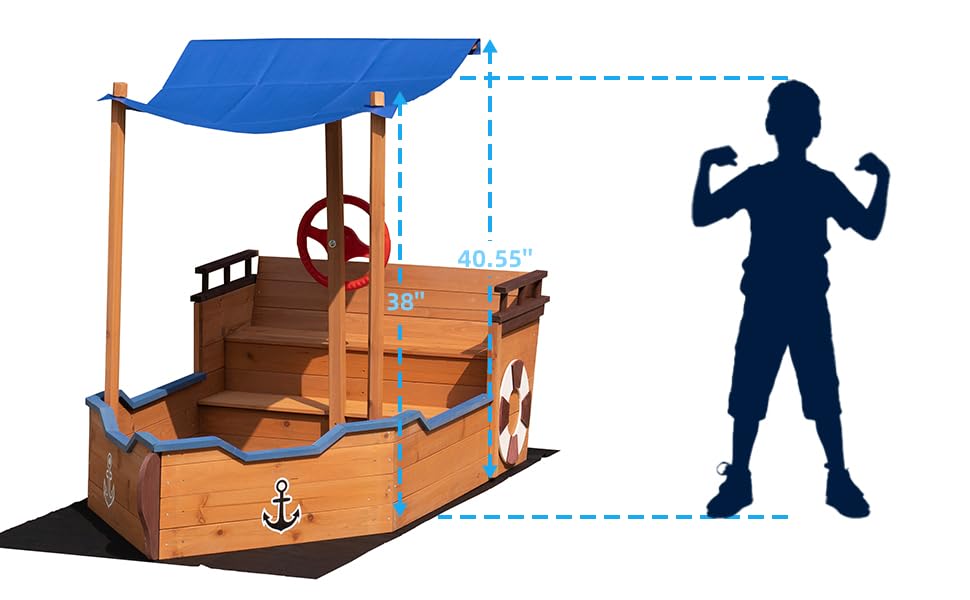GFDGFD 63" Large Wooden Pirate Ship Sandbox with Cover, Waterproof Canopy & Storage Bench, Sturdy Sand Pit with Rudder & Steps for Children Ages 3-8
